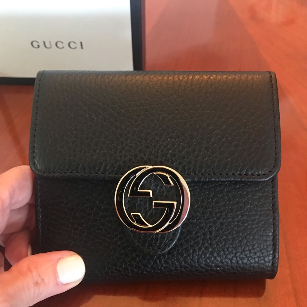 AUTHENTIC GUCCI FRENCH FLAP WALLET BLACK LEATHER